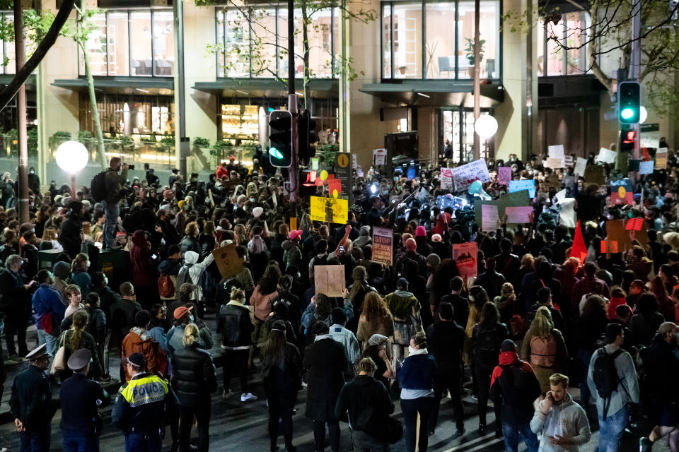 SYDNEY, AUSTRALIA - JUNE 02: Protesters shout slogans and hold up signs at Martin Place during a 'Black Lives Matter' rally on 02 June, 2020 in Sydney, Australia. This event was organized to rally against aboriginal deaths in custody in Australia as well as in unity with protests across the United States following the killing of an unarmed black man George Floyd at the hands of a police officer in Minneapolis, Minnesota. (Photo by Speed Media/Icon Sportswire)