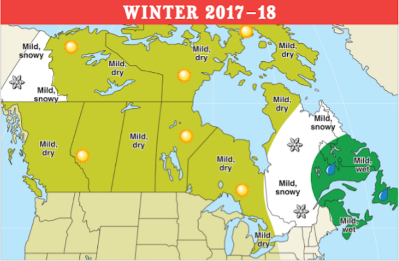 This image shows the Old Farmer’s Almanac 2017-18 winter forecast for Canada. Graphic from the Old Farmer’s Almanac