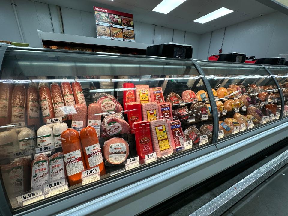 Glass display case of deli meats at BJ's deli counter