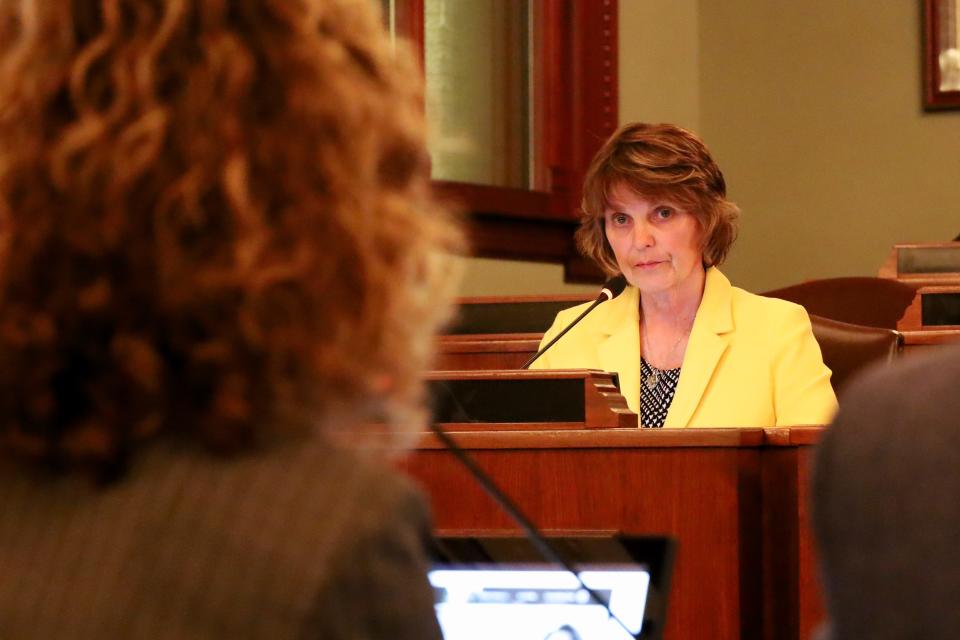 Rep. Sue Scherer, D-Decatur, looks at Health Care Service Corporation's Chief Administrative Officer Jill Wolowitz at a March 30, 2022 legislative hearing set up to investigate the consequences of Blue Cross Blue Shield of Illinois terminating their contract with Springfield Clinic.