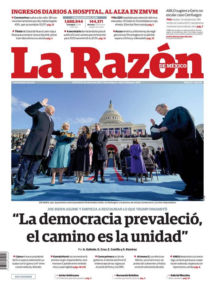 January 21, 2021 front page of La Razon