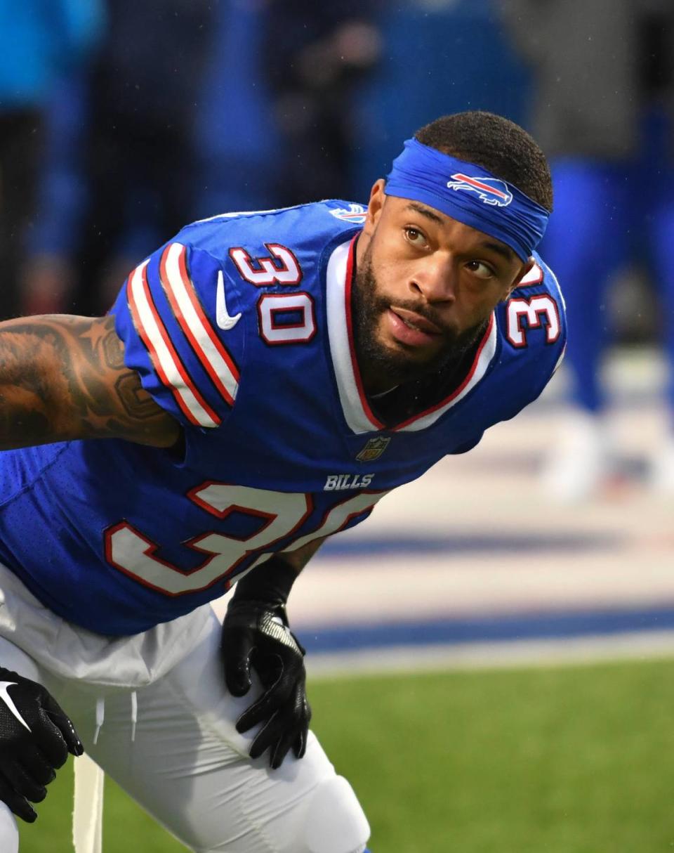 Buffalo Bills cornerback Dane Jackson (30) warms up before a 2023 game against the Dallas Cowboys. Mark Konezny-USA TODAY Sports