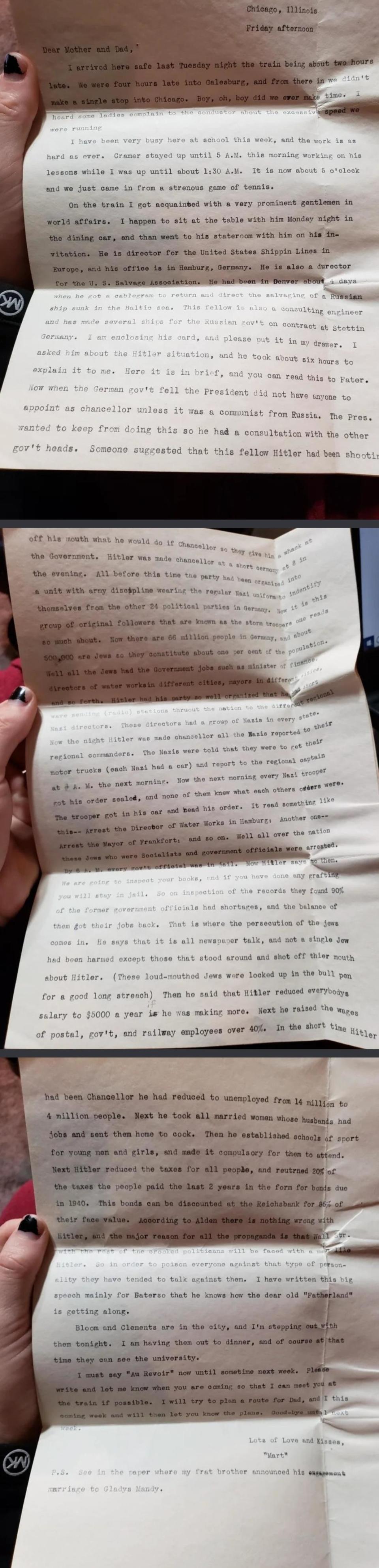 A person holds a typewritten letter, shown in multiple images, detailing an account involving a writer named Felix Klavier