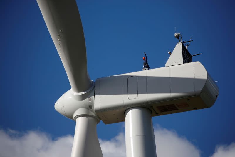 FILE PHOTO: Yannick Jadot, French Green party EELV candidate for the 2022 presidential election, visits a wind farm in Saint-Pere-en-Retz