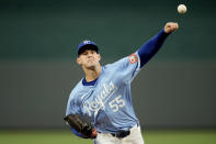 Kansas City Royals starting pitcher Cole Ragans throws during the first inning of a baseball game against the Toronto Blue Jays Thursday, April 25, 2024, in Kansas City, Mo. (AP Photo/Charlie Riedel)