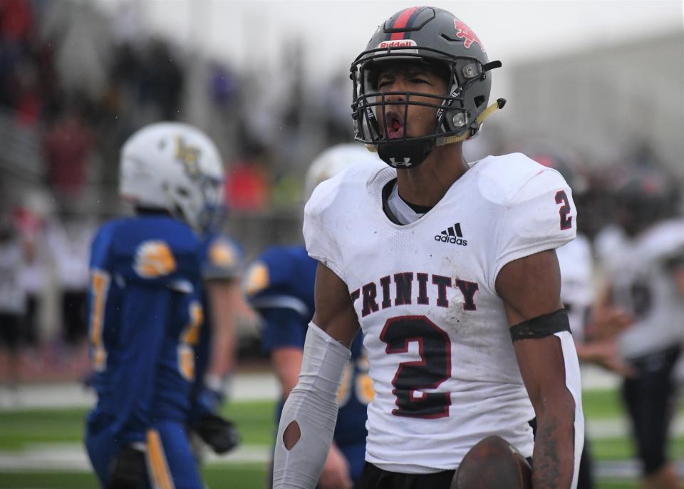 Trinity Christian's Marcus Ramon-Edwards reacts after a touchdown against Lubbock Christian in a TAPPS Division III state semifinal on Saturday, Nov. 27, 2021, at Peoples Bank Stadium in Wolfforth.