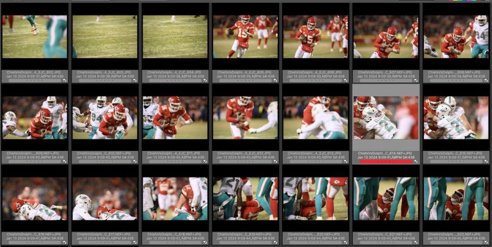 The sequence of photos from Emily Curiel’s camera shows the progression of the play where Mahomes cracked his helmet during the AFC Wild Card game Saturday with the Miami Dolphins. The frame with the red highlight is the image where a shard of the helmet can be seen flying off.