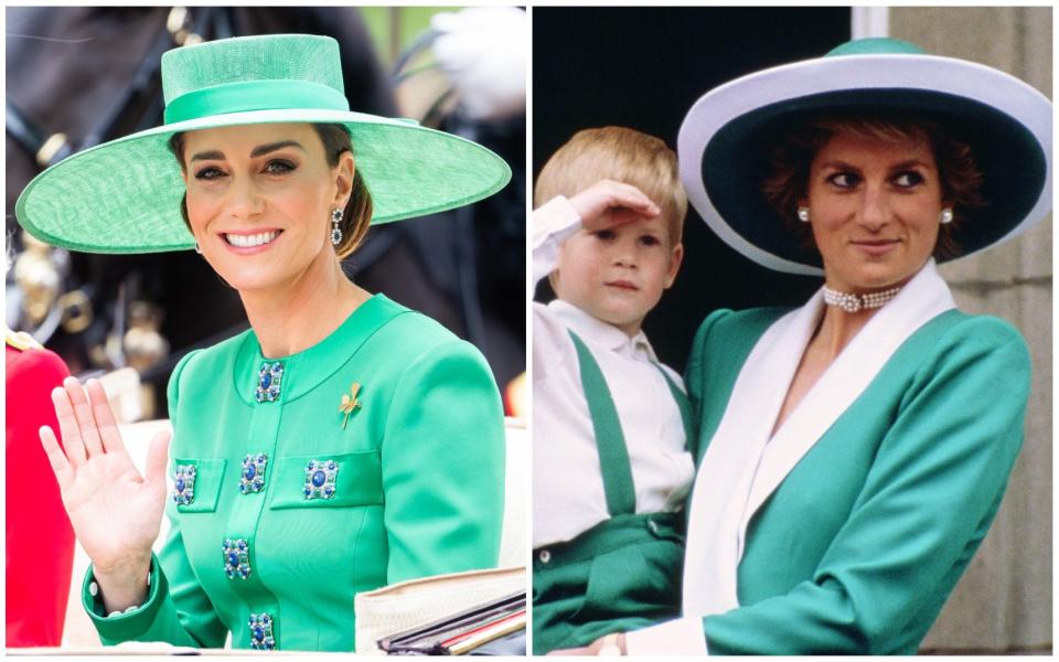 The Princess of Wales at this year's Trooping the Color (left) and Princess Diana at Trooping in 1988 (right)