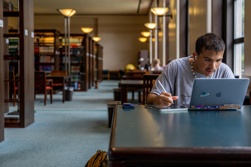 HOUSTON, TEXAS - AUGUST 29: Bio Engineering major Daniel Gutierrez studies in the Rice University Library on August 29, 2022 in Houston, Texas. U.S. President Joe Biden has announced a three-part plan that will forgive hundreds of billions of dollars in federal student loan debt. Since announced, the plan has sparked controversy as critics have begun questioning its fairness, and addressing concerns over its impact on inflation. (Photo by Brandon Bell/Getty Images)