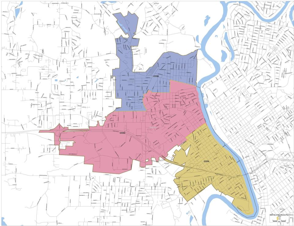 Beginning with the 2022 elections, one candidate will be elected each of three districts, with two other aldermen elected at large. Here is a map of the new districts within the City of West Monroe.