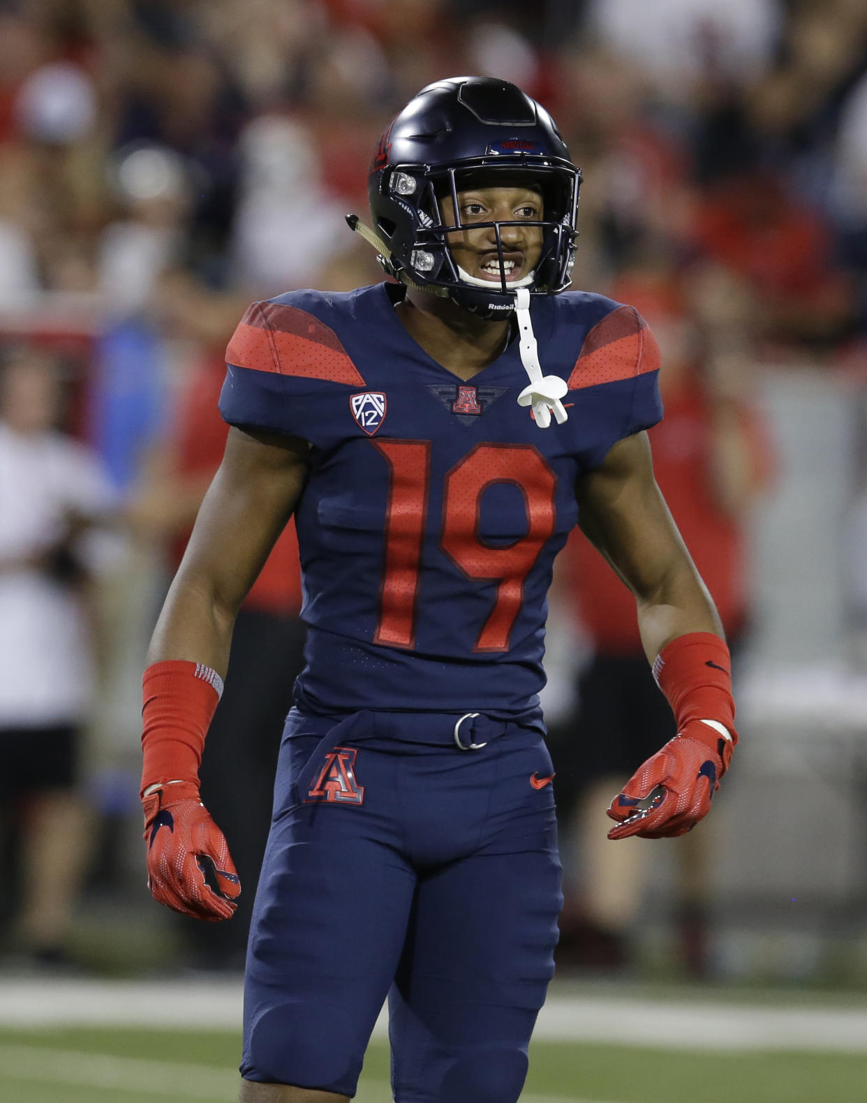 Arizona safety Scottie Young Jr. (19) in the second half during an NCAA college football game against Utah, Friday, Sept. 22, 2017, in Tucson, Ariz. Utah defeated Arizona 30-24. (AP Photo/Rick Scuteri)