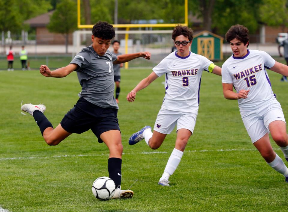 Javier Flores of Hoover takes a shot during Monday's substate second round game. Flores' second-half goal won the game for the Huskies.