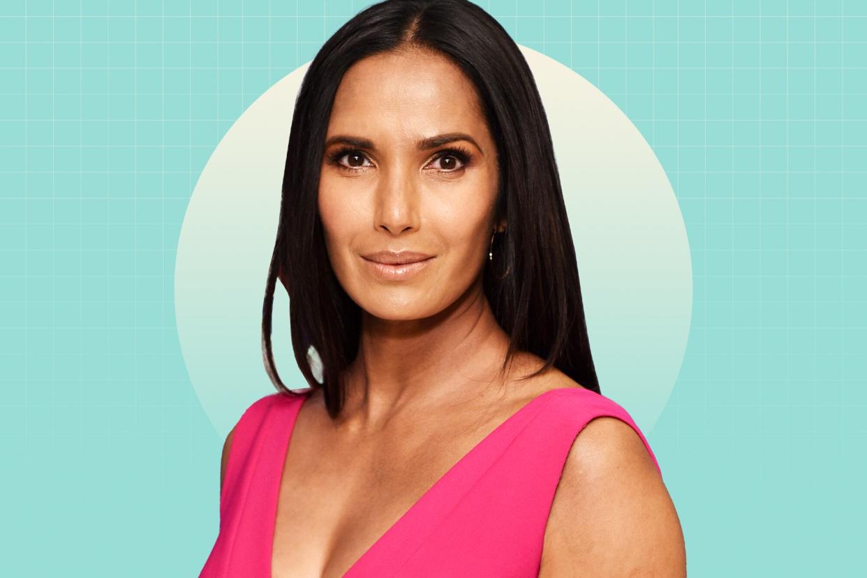 Padma Lakshmi on a designed background