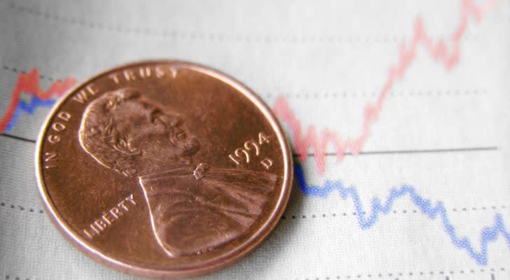 Penny Stocks: A penny sitting on a chart with two trend lines on top