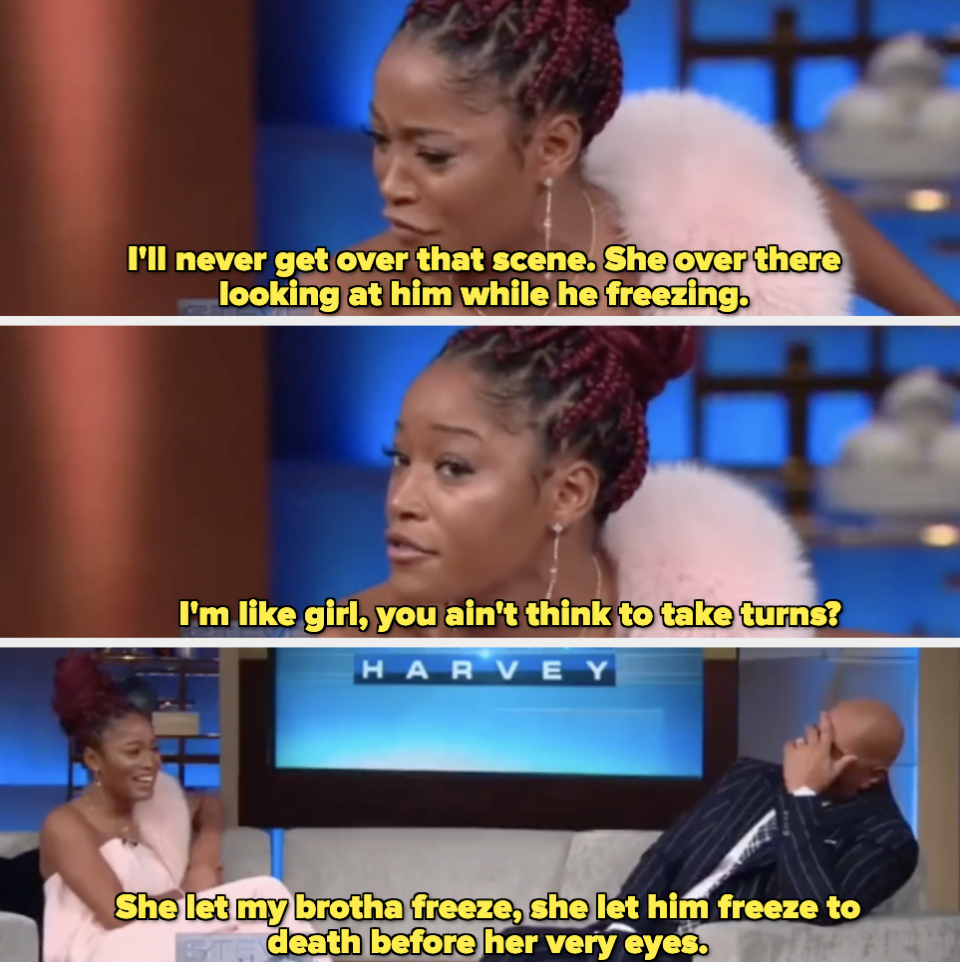 split image of Keke Palmer on Steve Harvey talk show talking about movie Titanic, both laughing about how she felt Rose could have made room for Jack