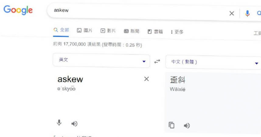 Google搜尋「askew」畫面真的歪掉。（圖／翻攝自Google）