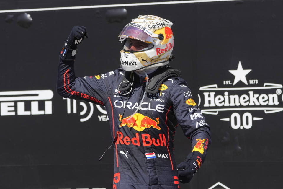 Red Bull driver Max Verstappen, of the Netherlands, celebrates after winning the Canadian Grand Prix in Montreal on Sunday, June 19, 2022. (Ryan Remiorz/The Canadian Press via AP)