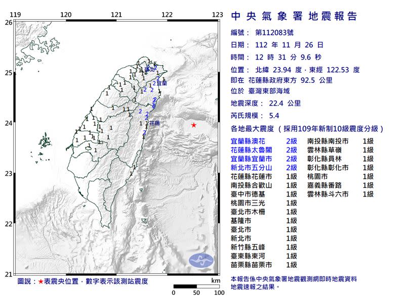 5.4地震雙北有感，不少網友表示「越搖越大」。（圖／中央氣象署）