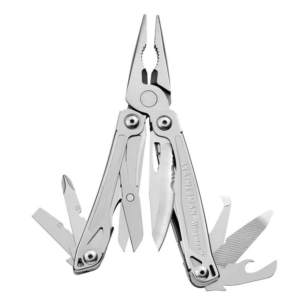 Leatherman Wingman multi-tool tool that includes pliers, wire cutters, a knife, a bottle and can opener, a file, a screwdriver