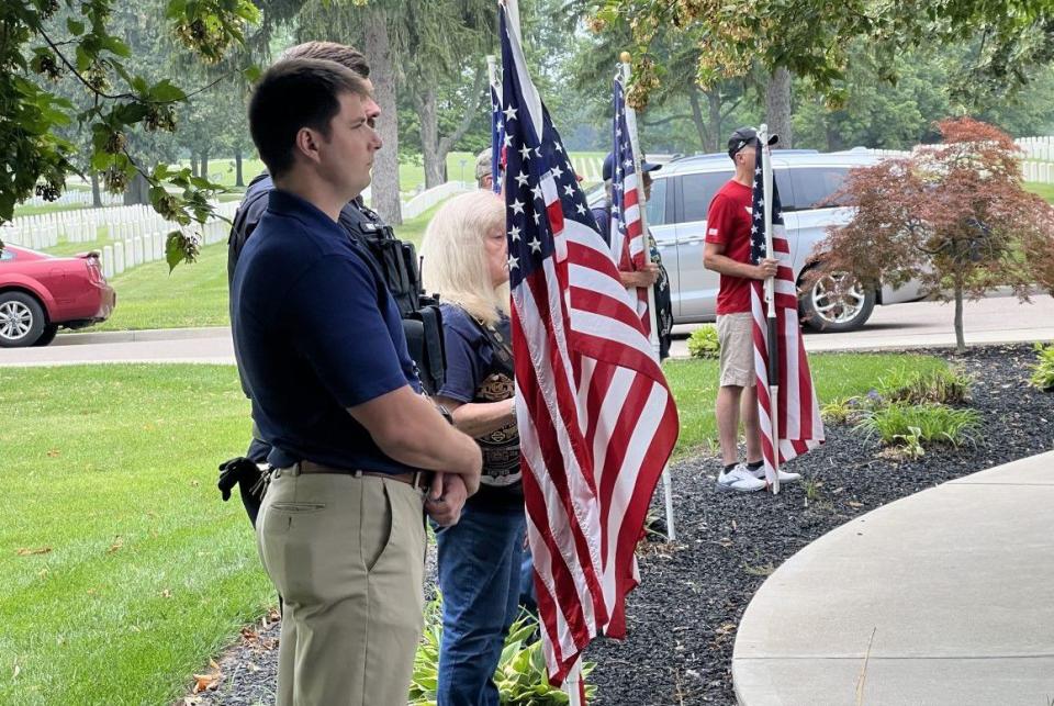 Dozens of people attended the funeral of local Marine veteran James Brooks at the Dayton National Cemetery Thursday. Brooks died at the Dayton VA recently, but had no known family members. (Xavier Hershovitz/Staff)