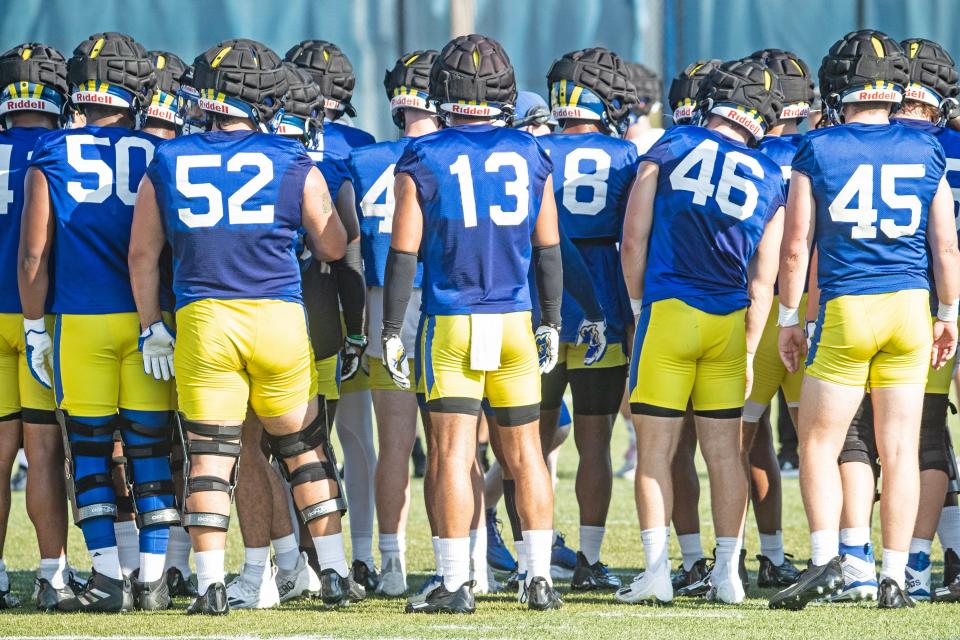 The Delaware Blue Hens begin the first preseason football practice at the University of Delaware football practice field in Newark, Monday, July 31, 2023.