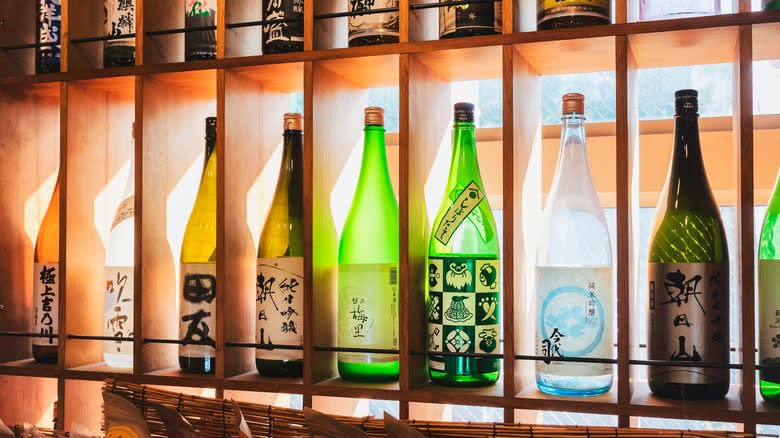 bottles of sake on display