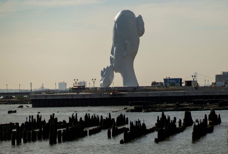 The statue "Water's Soul" by the artist Jaume Plensa is seen in Jersey City, New Jersey