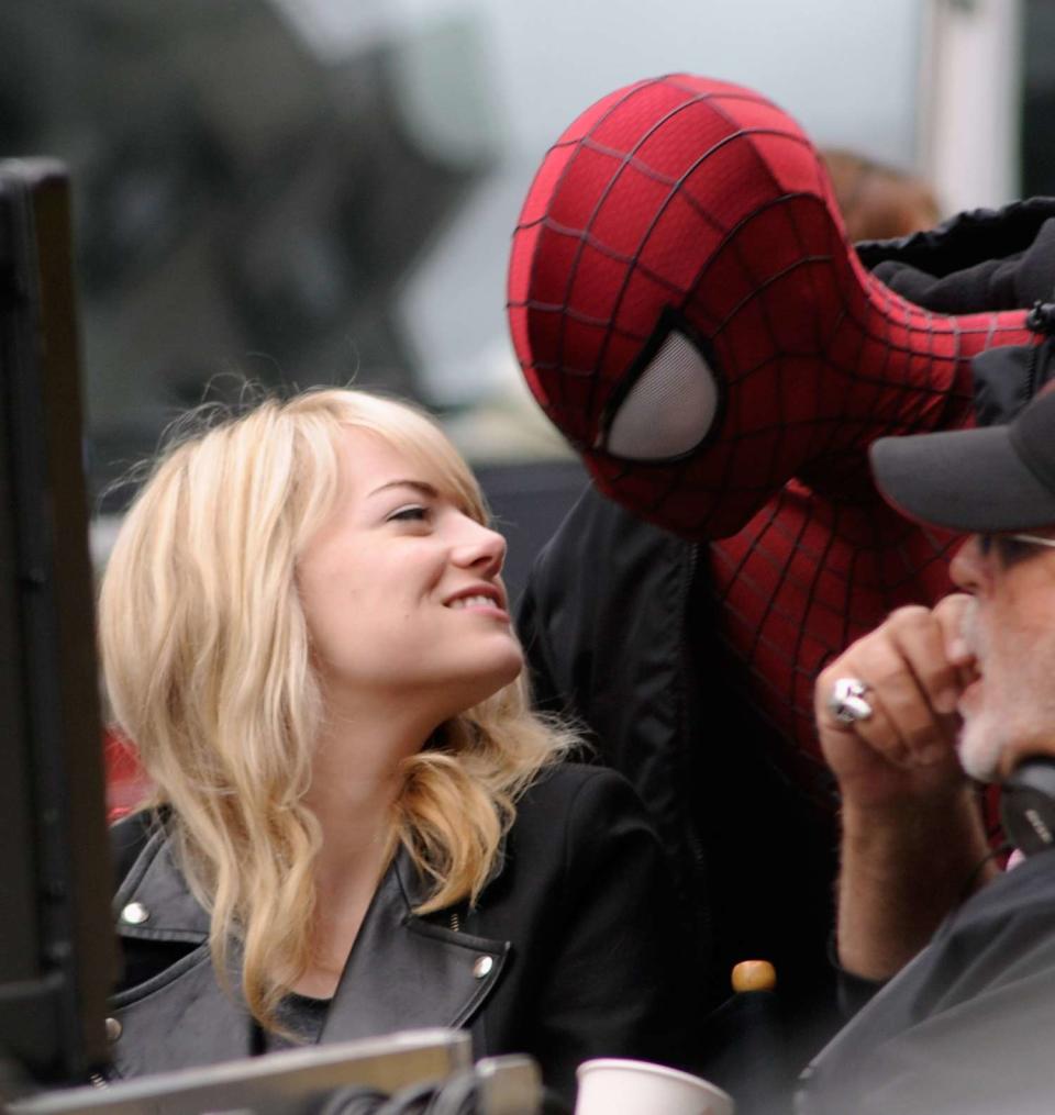 Emma Stone and Andrew Garfield on the set of "The Amazing Spider-Man 2" on May 18, 2013 in New York City