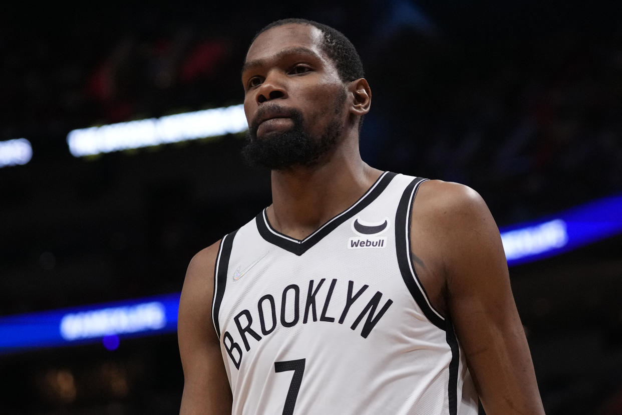 Mar 26, 2022; Miami, Florida, USA; Brooklyn Nets forward Kevin Durant (7) walks on the court during the second half against the Miami Heat at FTX Arena. Mandatory Credit: Jasen Vinlove-USA TODAY Sports