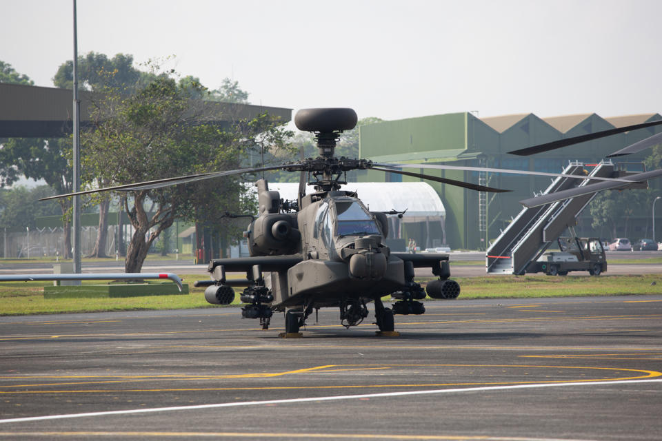 <p>An AH 64D Apache attack chopper seen on static display at Tengah Air Base. (PHOTO: Dhany Osman / Yahoo News Singapore) </p>