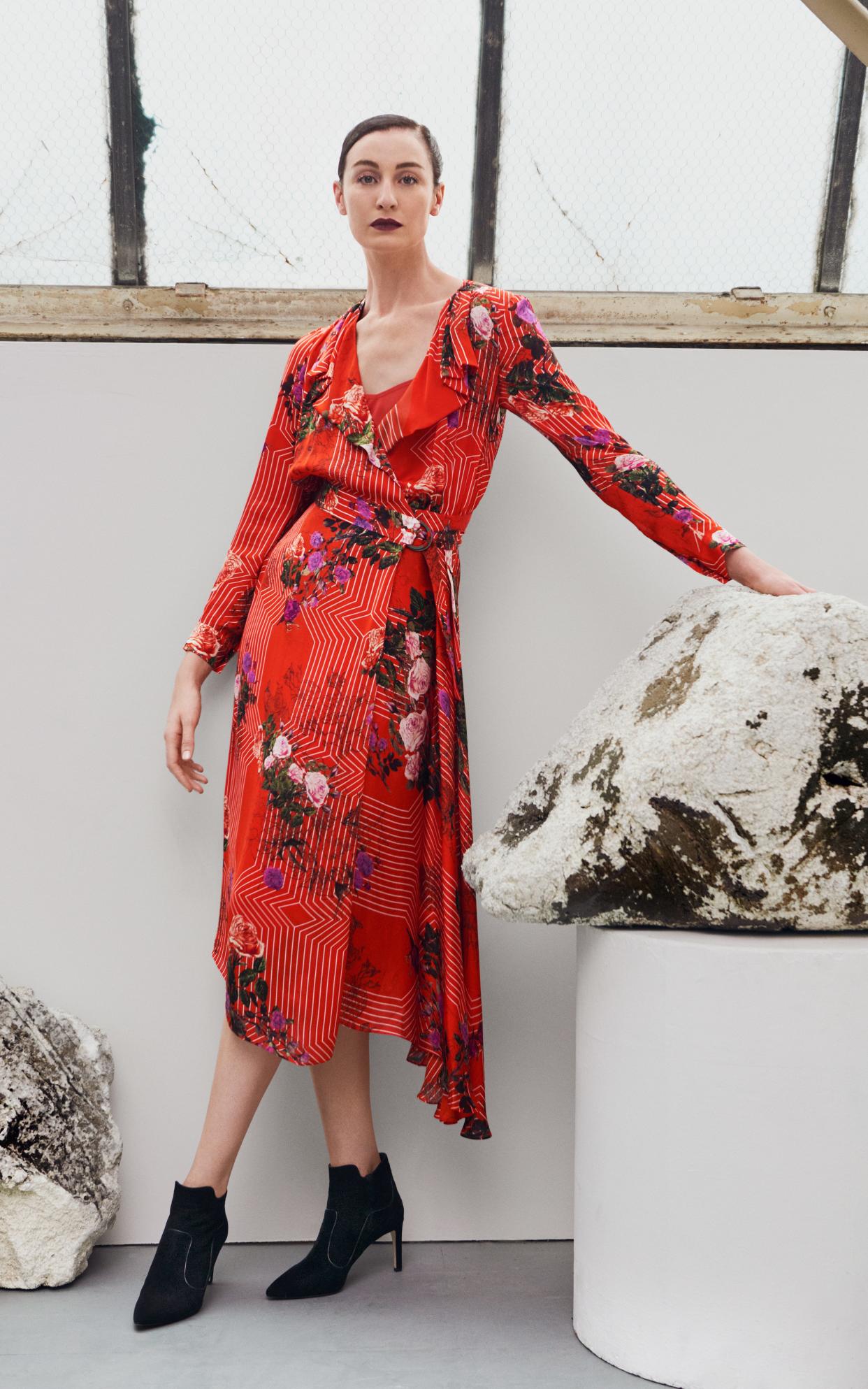 Erin O'Connor models the Vali silk dress, £450, from new L.K. Bennett x Preen collection -