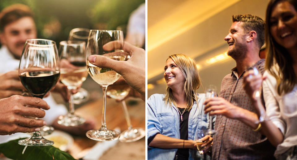 Glasses of wine being held up in toast; Aussie friends drinking at party