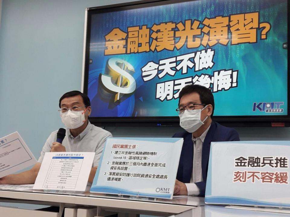 台海局勢緊繃牽動金融市場敏感神經，國民黨立法院黨團召開記者會，總召曾銘宗（左）、立委費鴻泰，要求政府儘快進行「金融漢光演習」，提升因應緊急情勢能力，確保全民金融權益。（中央社）