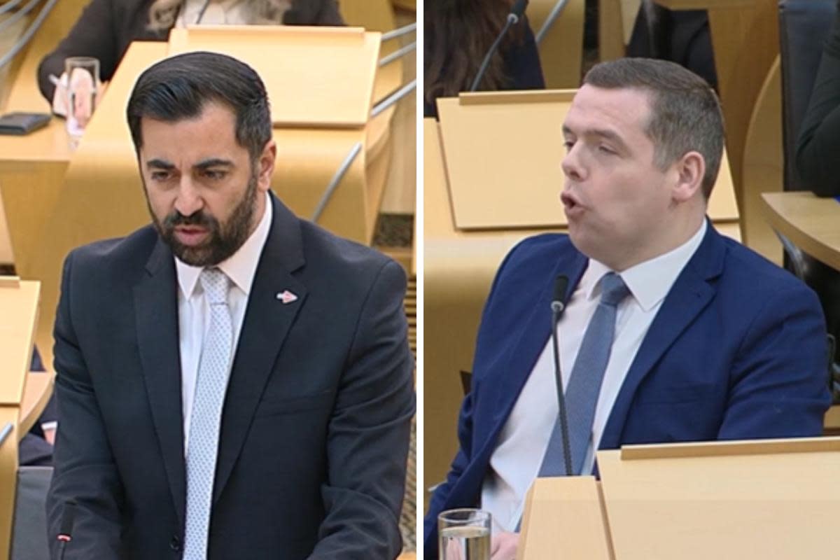 First Minister Humza Yousaf (left) and Scottish Tory leader Douglas Ross clashed at FMQs <i>(Image: Holyrood TV)</i>