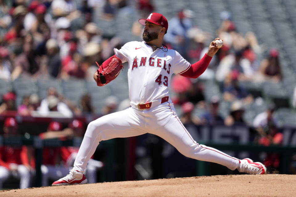 Los Angeles Angels starting pitcher Patrick Sandoval throws to the plate during the second inning of a baseball game against the Kansas City Royals Sunday, May 12, 2024, in Anaheim, Calif. (AP Photo/Ashley Landis)