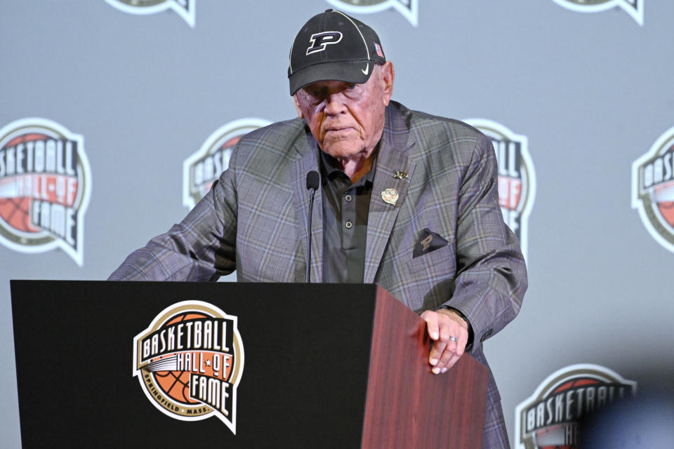 Basketball Hall of Fame Class of 2023 inductee Gene Keady speaks at an NBA news conference at Mohegan Sun, Friday, Aug. 11, 2023, in Uncasville, Conn. (AP Photo/Jessica Hill)