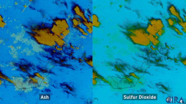 Himawari satellite loop of the Ruang volcano erupting ash and sulfur dioxide on April 30, 2024 (NOAA/CIRA).