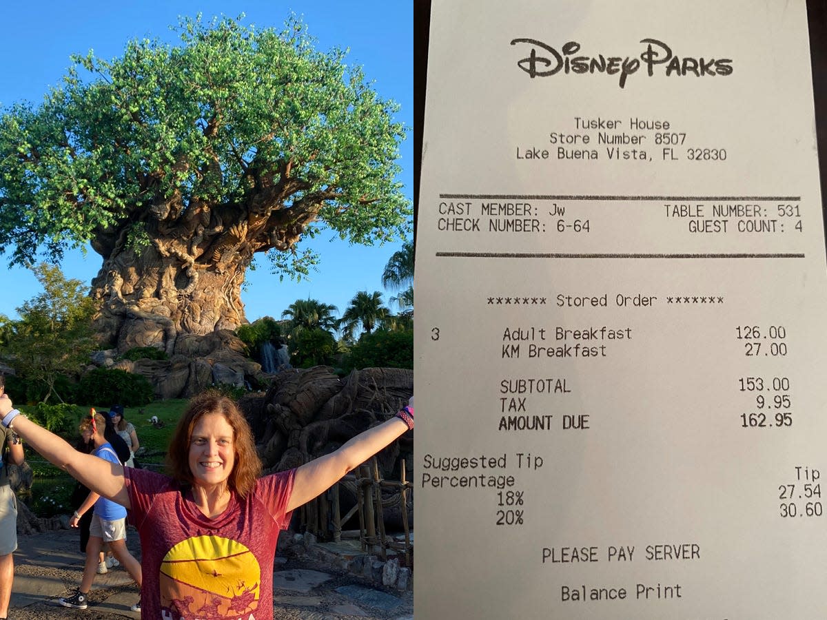 kari posing in front of animal kingdom tree of life next to a recipt from tusker house in animal kingdom