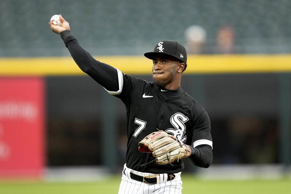 Chicago White Sox's Tim Anderson warms up as he returns to the starting line up in a baseball game against the Minnesota Twins on Tuesday, May 2, 2023, in Chicago. Anderson was placed on the injured list on April 11 with a sprained left knee suffered on April 10 at Minnesota. (AP Photo/Charles Rex Arbogast)