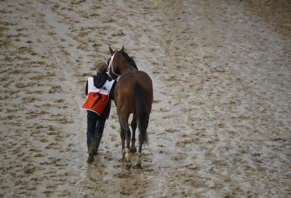 ARCHIVO - En esta foto del 4 de mayo de 2019, Maximum Security es retirado de la pista tras su descalificación como ganador del Derby de Kentucky (AP Foto/John Minchillo, File)(AP Photo/Charlie Riedel, archivo)