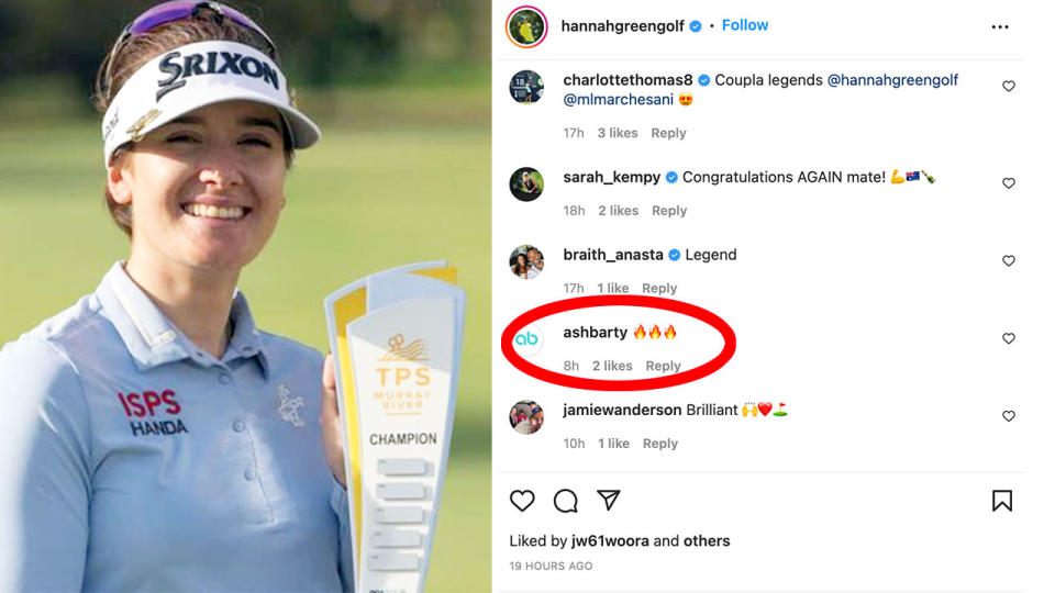 Ash Barty was among numerous sporting stars from around the world to comment on Hannah Green's slice of golfing history. Pic: Instagram