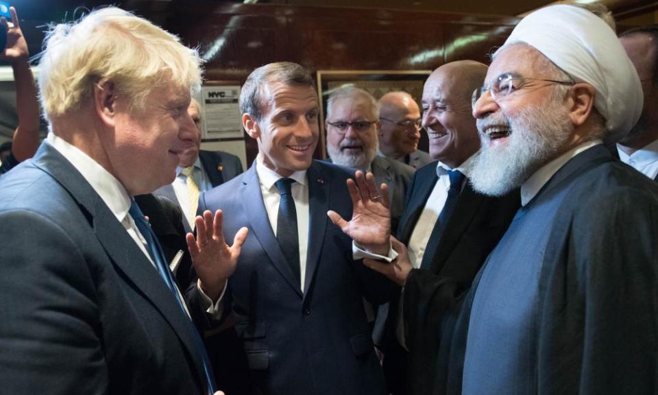 Boris Johnson (left), Emmanuel Macron (centre) and Hassan Rouhani (right) at the 74th UN general assembly last September.