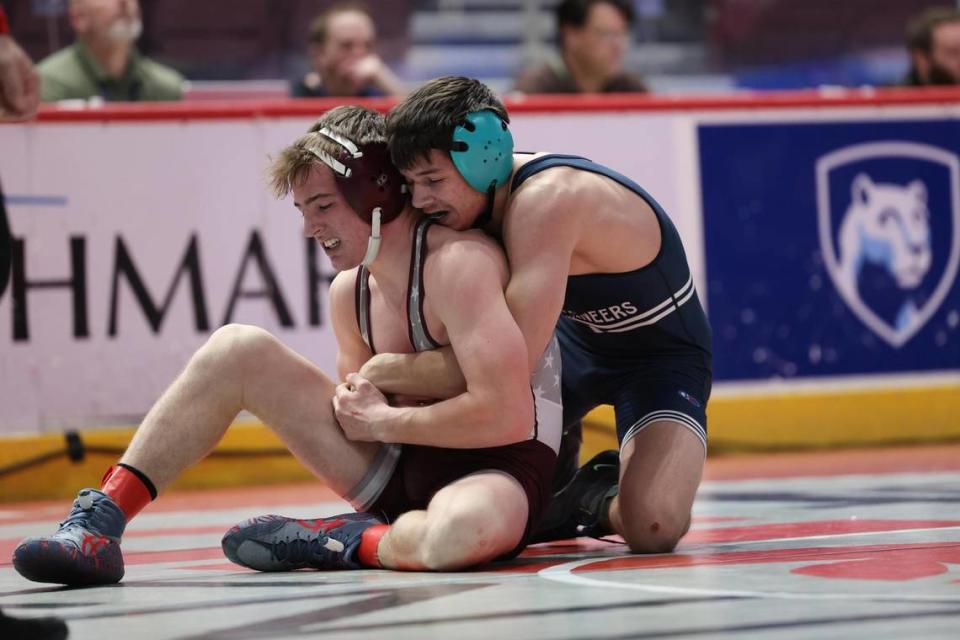 Philipsburg-Osceola’s Marcus Gable controls Cranberry’s Dane Wenner in their 139-pound PIAA Class 2A consolation third round match on Friday, March 8, 2024 at the Giant Center in Hershey. Gable beat Wenner, 5-1, to secure his first PIAA medal.