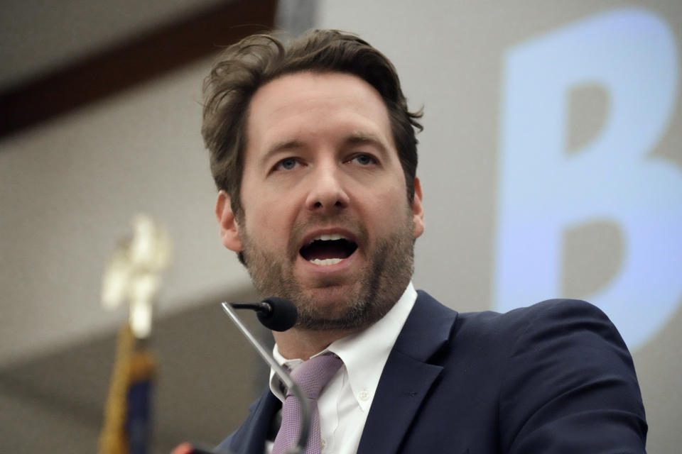 FILE -Former U.S. Rep. Joe Cunningham, who is seeking the Democratic gubernatorial nomination, speaks at the South Carolina Democratic Party Black Caucus' "Sunday Dinner" on Sunday, March 27, 2022, in Columbia, S.C. At least some of the five South Carolina Democrats seeking their party's gubernatorial nomination are expected to debate, just more than a week before the state's primary elections. (AP Photo/Meg Kinnard, File)