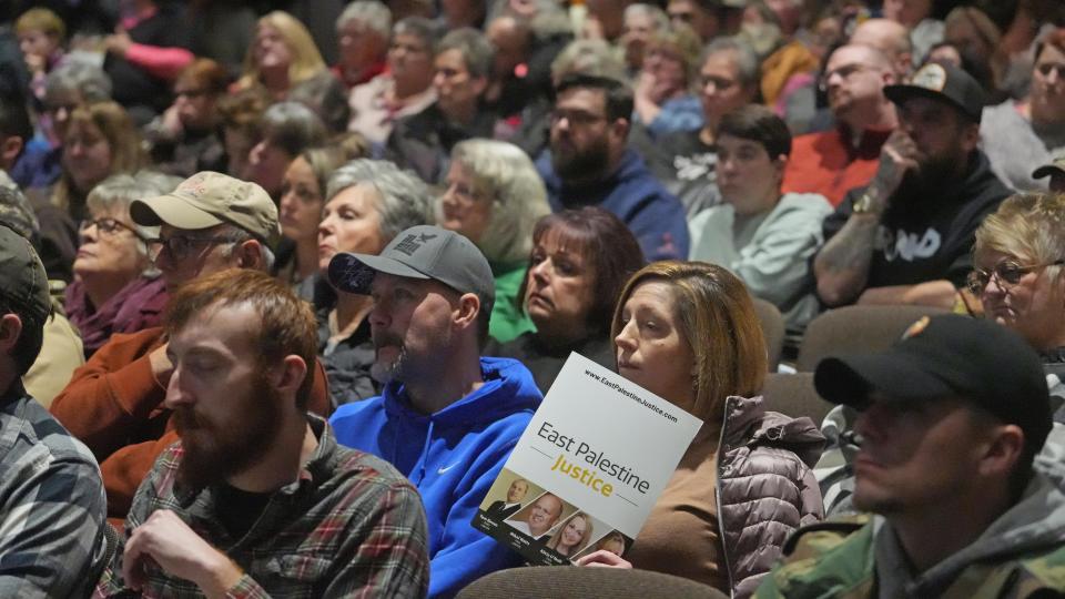 East Palestine residents fill the East Palestine High School auditorium as Erin Brockovich and others held a Justice for East Palestine event Friday, Feb. 24, 2023.  More than 2,500 people attended. A Feb. 3 train derailment has had toxic ramifications ever since. Attorneys Tom Bevan, Mikal Watts and Alicia O'Neill also attended.