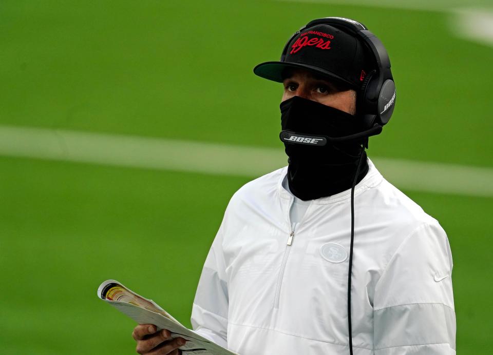 San Francisco 49ers head coach Kyle Shanahan looks on from the sideline during the first half against the Los Angeles Rams at SoFi Stadium.