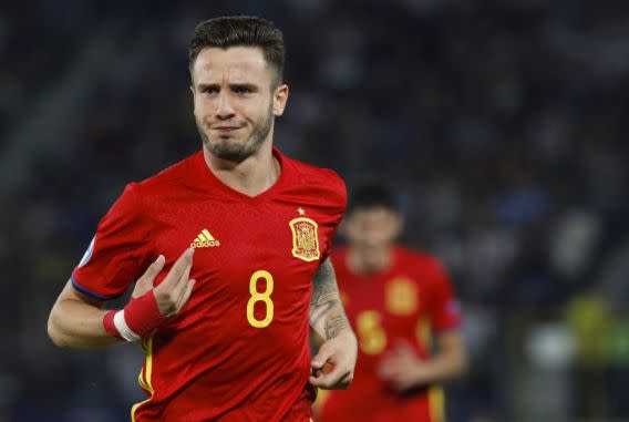 Spain’s Saul Niguez celebrates after scoring during the Euro Under 21 semifinal soccer match between Italy and Spain, at the Krakow Stadium, Poland, Tuesday, June 27, 2017. Spain won 3-1 and Saul Niguez scored a hat trick. (AP Photo/Czarek Sokolowski)