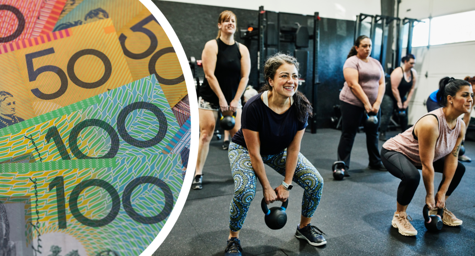 A composite image of Australian money and a group of people working out at a gym.