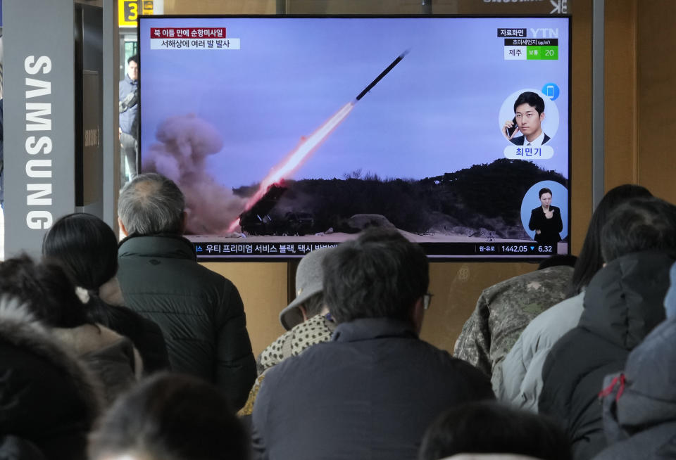 A TV screen shows a file image of North Korea's missile launch during a news program at the Seoul Railway Station in Seoul, South Korea, Tuesday, Jan. 30, 2024. North Korea fired multiple cruise missiles into waters off its western coast Tuesday in its third launch of such weapons this month, South Korea's military said, as the North continues to flaunt its expanding arsenal of weapons designed to overwhelm its rivals defenses. (AP Photo/Ahn Young-joon)