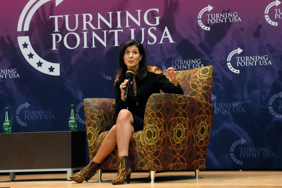 Former U.N. Ambassador and former South Carolina Gov. Nikki Haley speaks during an event sponsored by Turning Point USA at Clemson University on Tuesday, Nov. 29, 2022, in Clemson, S.C. (AP Photo/Meg Kinnard)